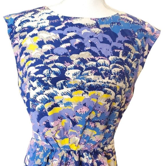 TIBI New York Dress 100% Silk Sz Medium Blue Sleeveless‎ Ruched Front Abstract - Picture 3 of 13